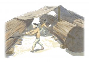 木挽職による作業風景　出典元：「ふるさと再発見！大川木工まつり2015ガイドブック」