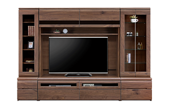 幅160cmのウォールナットTVボードと両サイドキャビネットのセット