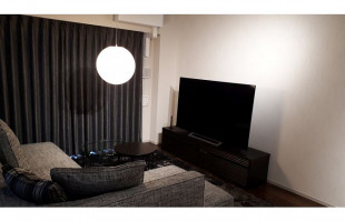 照明やソファやラグやカーテンとオシャレにコーディネートされた大川家具のテレビボード(輿石家具)