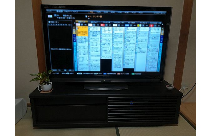 観葉植物が置かれたオークダーク色の大川家具のテレビボード
