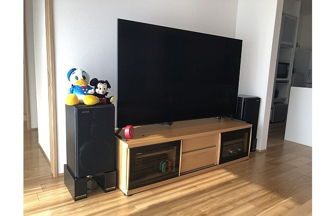 大きなスピーカーを備えた大川家具のテレビボード